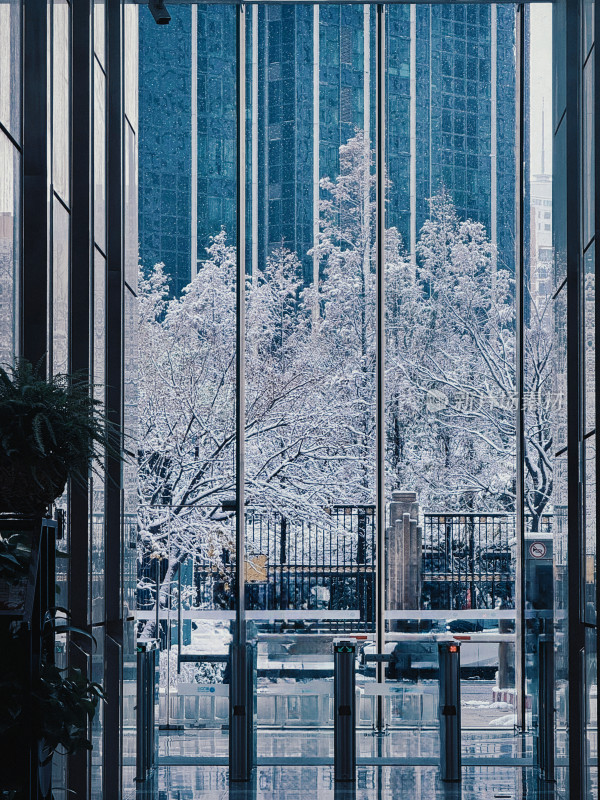 玻璃门后雪景中的高楼