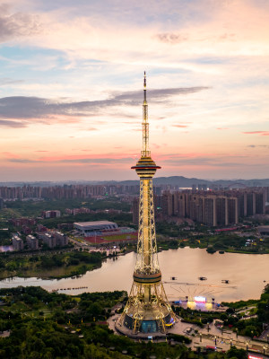 中国湖南省株洲市天元区神农塔夜景航拍