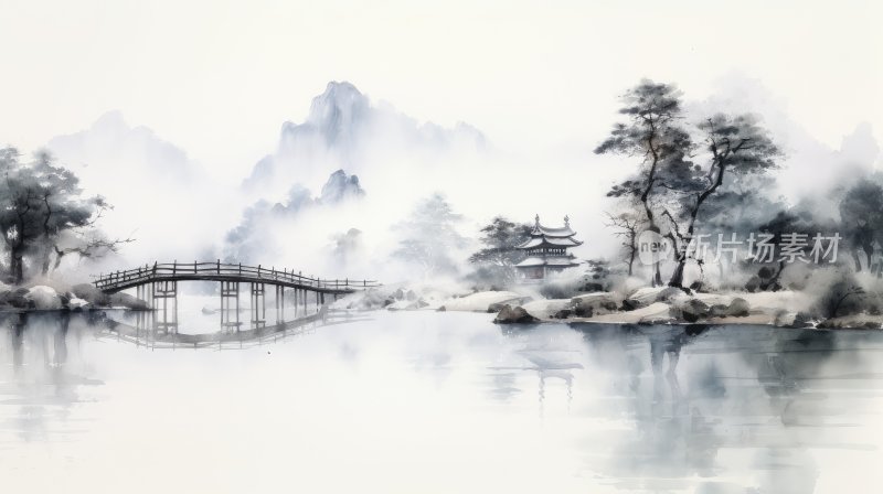 中国风水墨画，湖水和桥