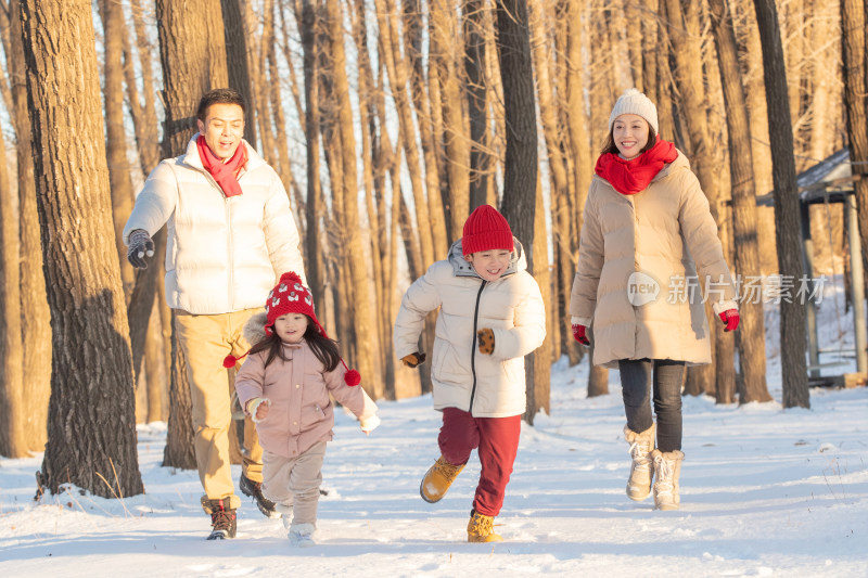 欢乐家庭在雪地里奔跑