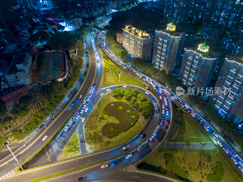 航拍福州城市夜景下与繁华立交桥及周边建筑