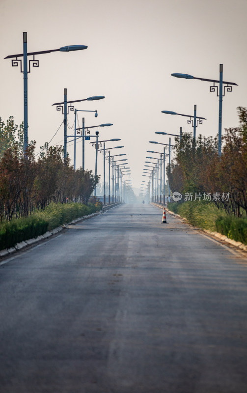 道路上整齐排列的中式路灯