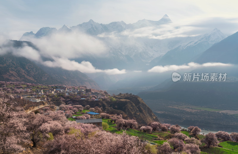 航拍西藏林芝索松村桃花和南迦巴瓦峰