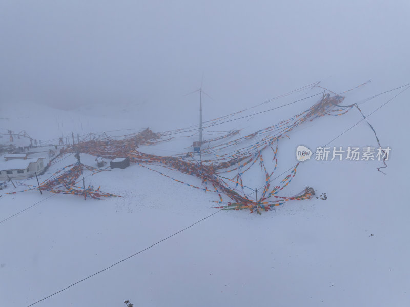 西藏林芝地区鲁朗小镇雪景高空航拍