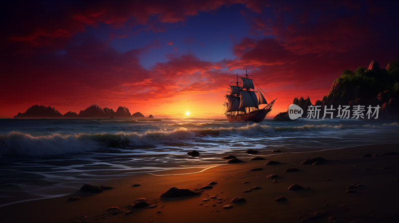 一艘帆船在夕阳余晖的映照下缓缓归航