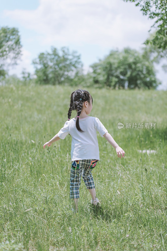 冷调风格夏天在草地玩耍的小姑娘