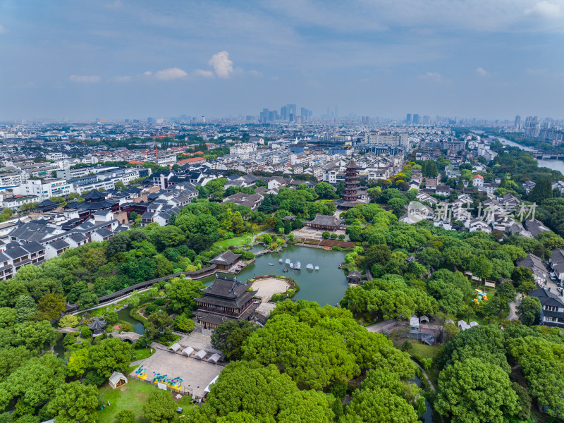 航拍苏州盘门景区中式园林建筑苏州古城