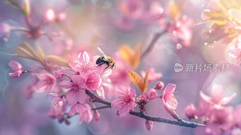 一只蜜蜂停在盛开的樱花上近景