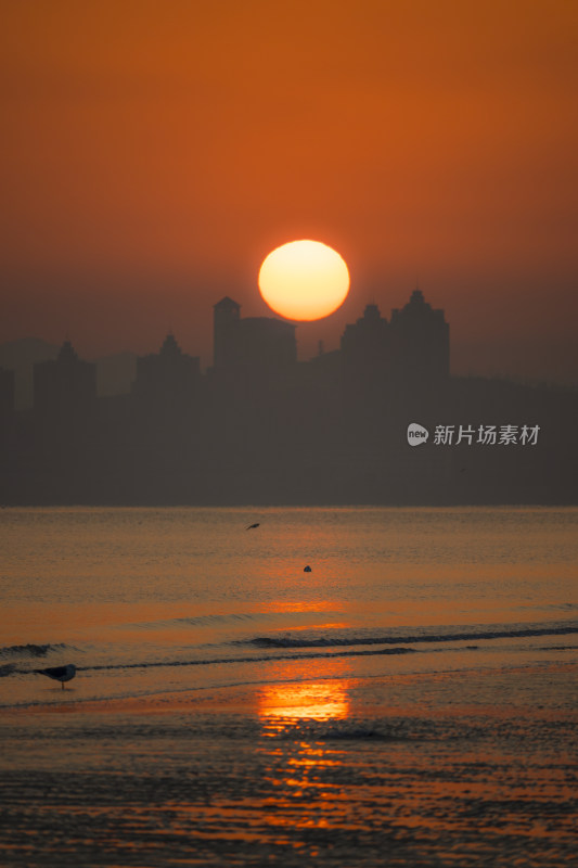 橙黄海边日出风光长焦太阳倒影