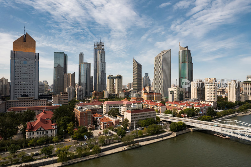 天津海河风景线小白楼商圈城市建筑风光航拍