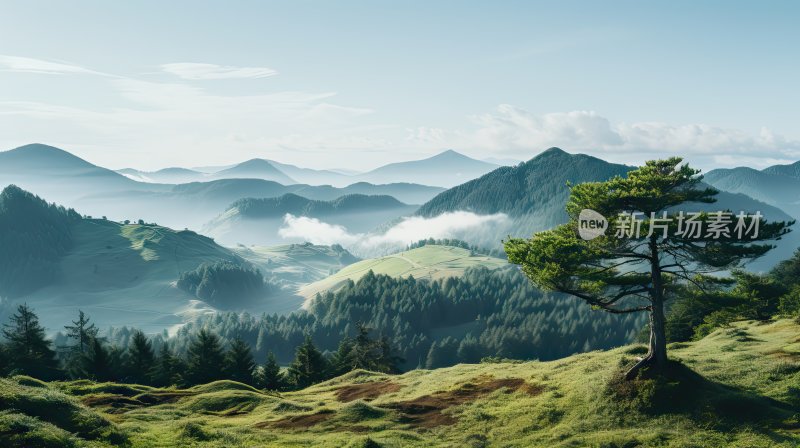 大自然绿色草原和高山风景