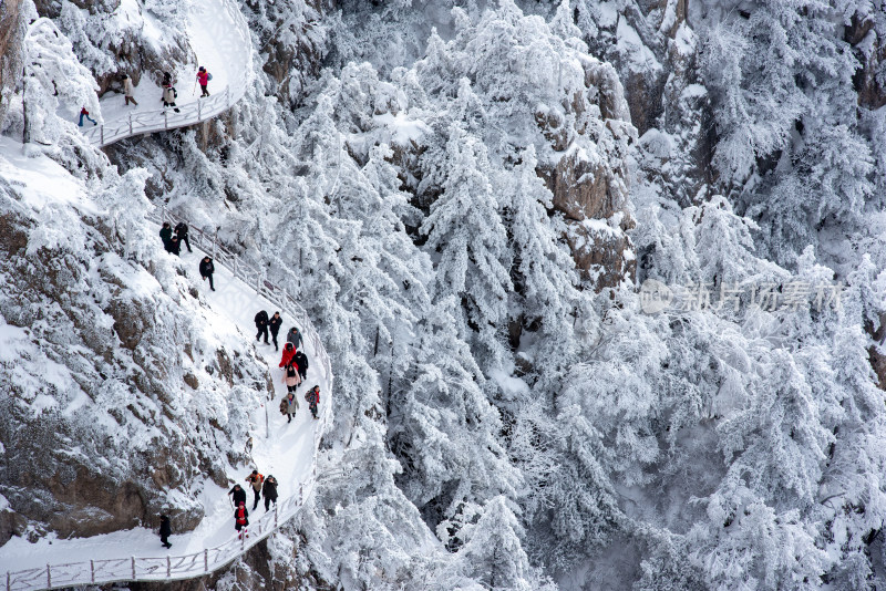 洛阳老君山雪后美景栈道上游客休闲拍照