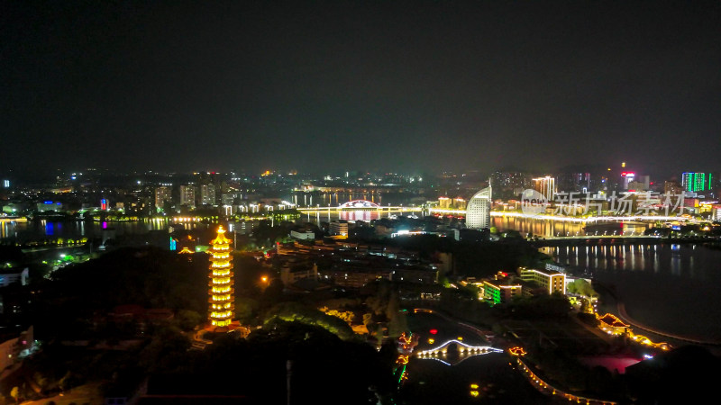 航拍湖北鄂州莲花山元明塔夜景