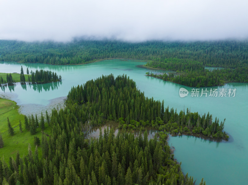 航拍夏季的新疆喀纳斯神仙湾风景