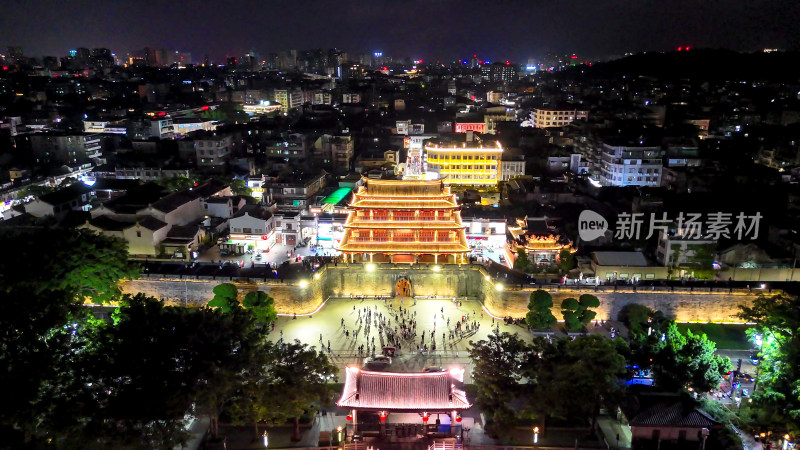 广东潮州古城广济门城楼夜景航拍