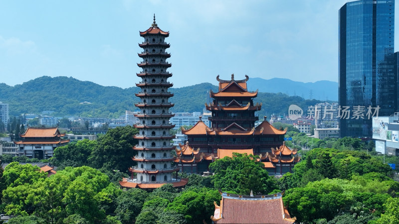 福州西禅古寺照片航拍城市寺庙古建筑风景