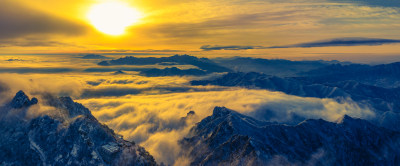 洛阳老君山雪后日出大气云海航拍自然风景