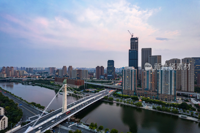 天津海河富民桥城市建筑日落晚霞风光航拍