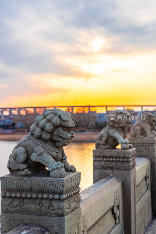 夕阳下的北京卢沟桥石狮子