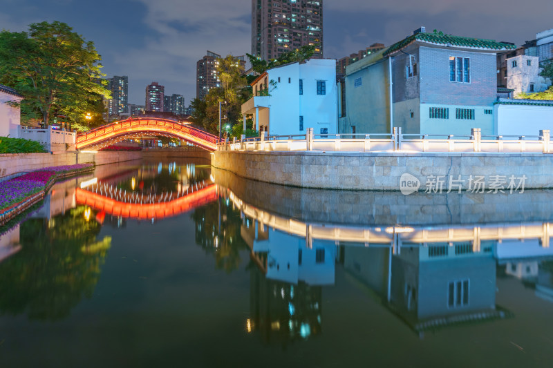 广州永庆坊景区河流红桥城市建筑夜景灯光