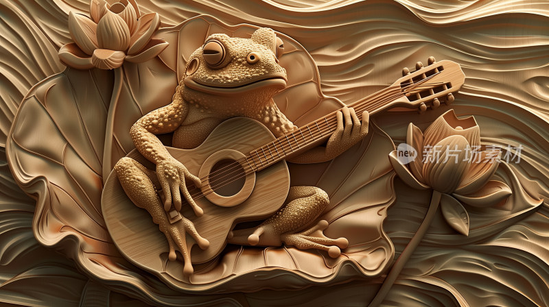一只雕刻精细的青蛙坐在荷叶上弹奏吉他