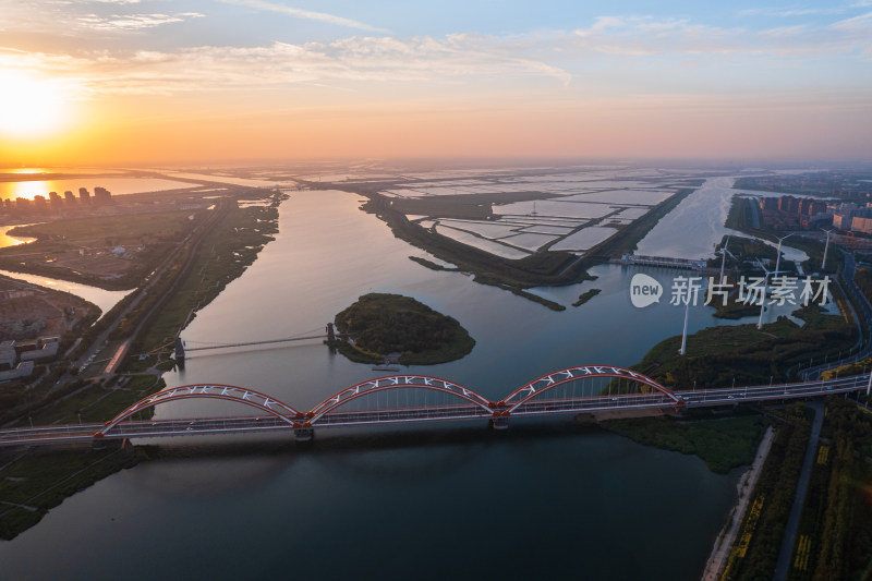 天津滨海生态城永定新河彩虹桥城市风光航拍