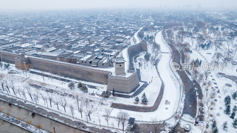 山西晋中平遥古城雪景航拍风景宣传