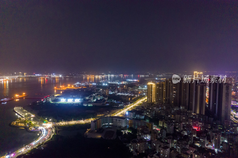 广东湛江广州湾夜景灯光航拍摄影图