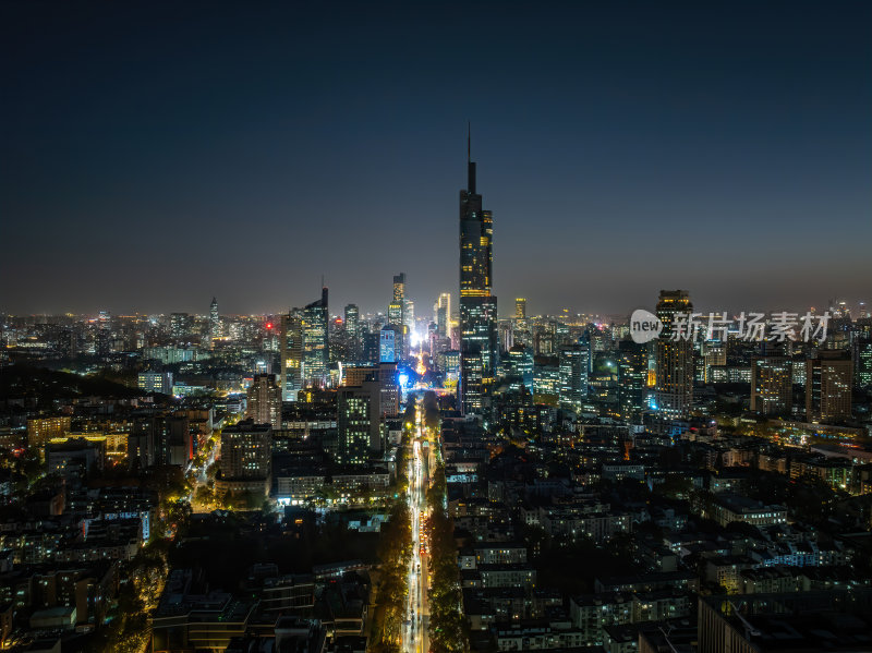 江苏南京CBD紫峰大厦建筑群日落夜景航拍