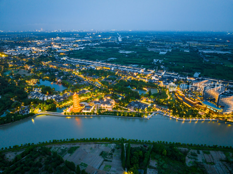 航拍江南水乡古镇乌镇夜景