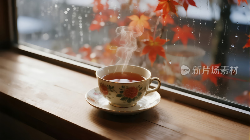 雨天窗边喝茶的孤独与思念情感背景图