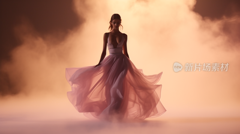 身着纱裙的女子于烟雾中漫步