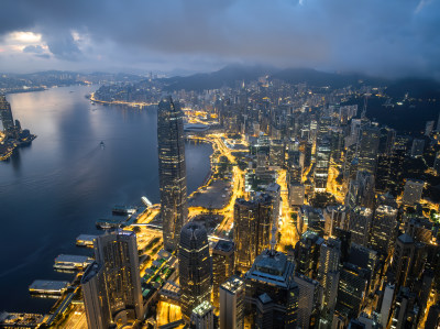 香港维多利亚港CBD中环夜景日出高空航拍