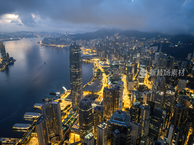 香港维多利亚港CBD中环夜景日出高空航拍