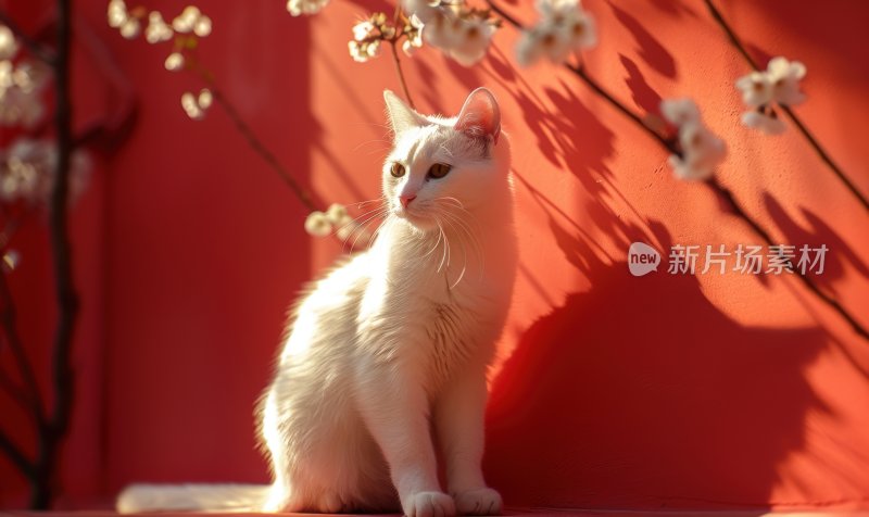 春日暖阳红墙白猫可爱猫咪晒太阳背景