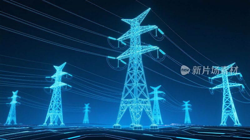 蓝色线条风格电力塔景观