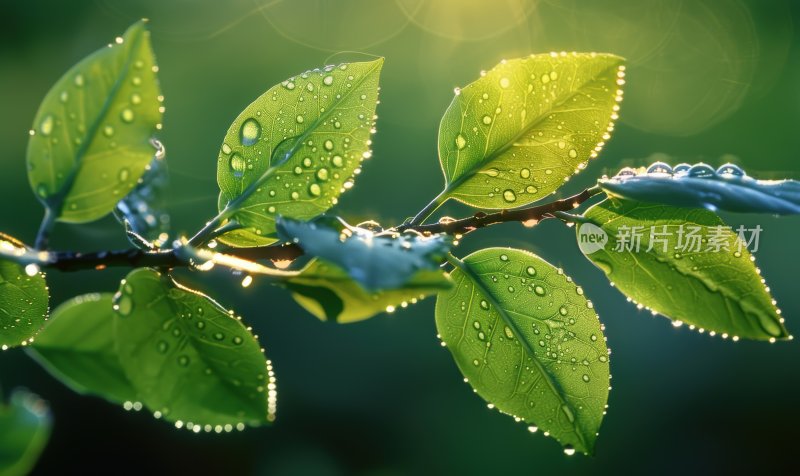 雨后阳光植物绿叶逆光露珠自然背景