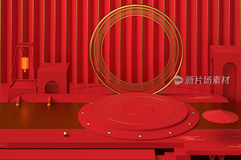 中国风红色创意展示台 3D渲染