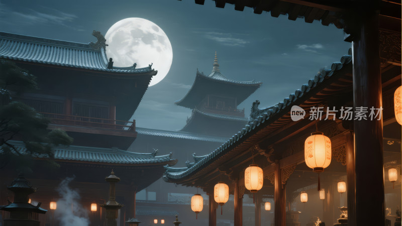 中秋节古风建筑月夜的唯美意境背景
