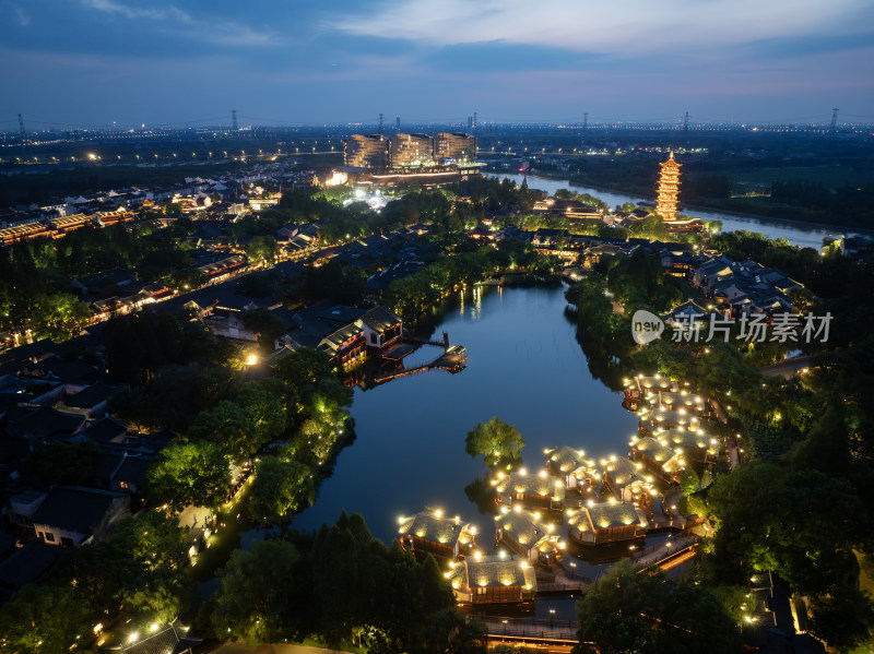 浙江嘉兴桐乡乌镇西栅景区江南水乡航拍夜景