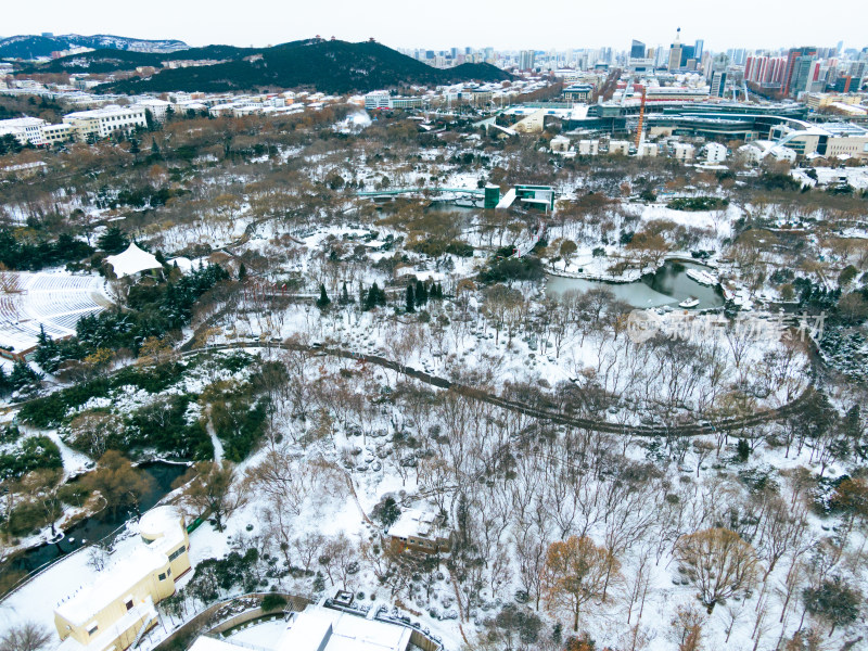 山东济南泉城公园航拍雪景