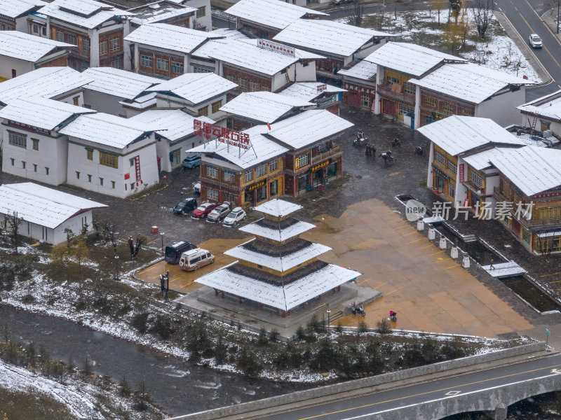 西藏林芝地区鲁朗小镇雪景高空航拍