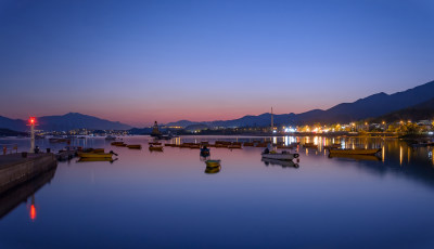 香港大浦大美督海湾港口夕阳余晖与夜景灯光