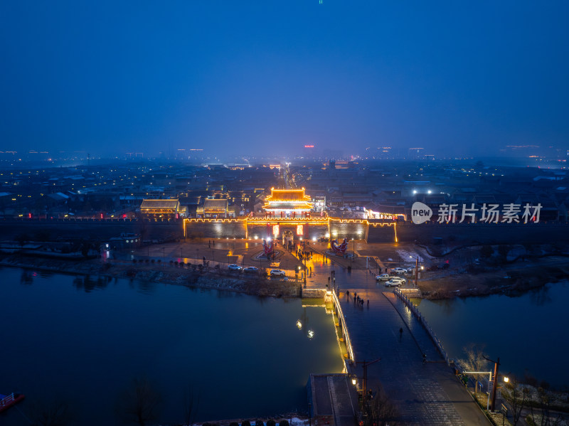 河南商丘古城雪景夜景航拍