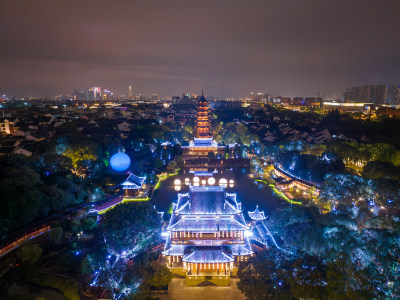 航拍苏州盘门景区中秋灯会夜景