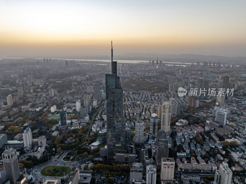 江苏南京CBD紫峰大厦建筑群日落夜景航拍