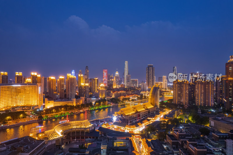 天津海河古文化街码头城市夜景风光航拍