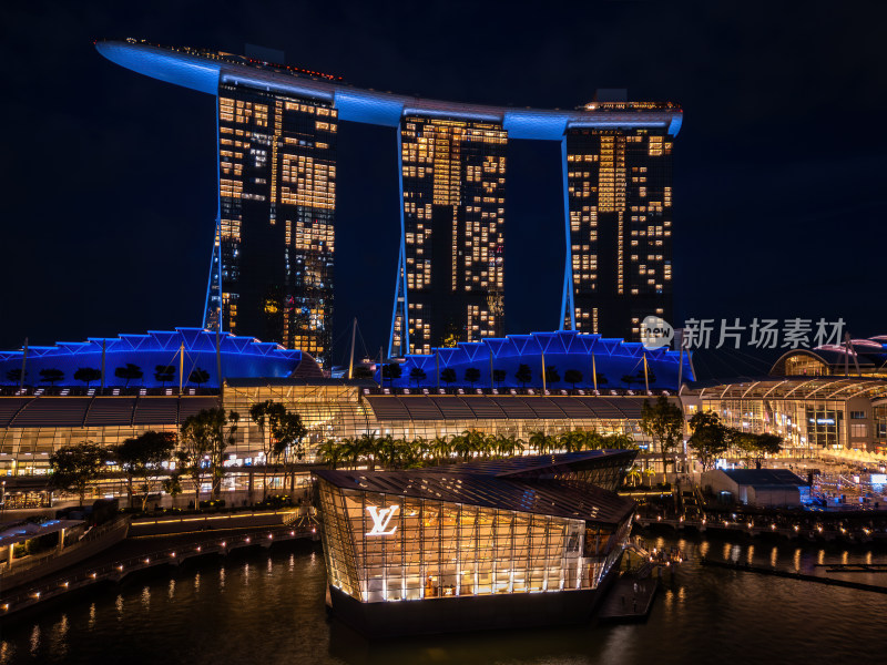 新加坡滨海湾金沙海滨奥林匹克蓝调夜景航拍