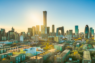 阳光下的北京城市建筑群鸟瞰全景