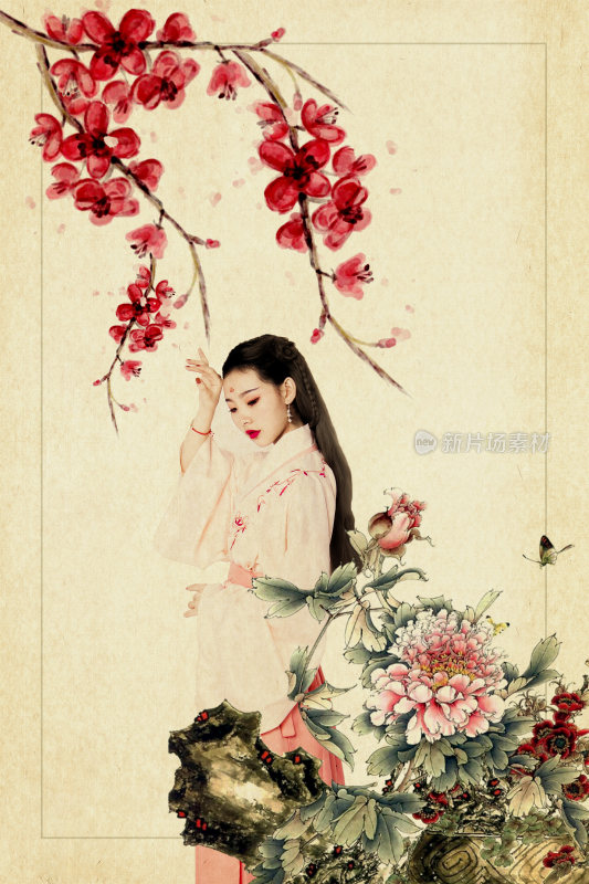 古风女子与花卉背景图